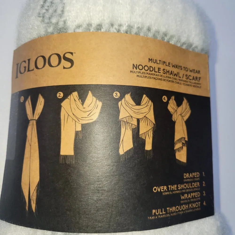 Igloos White Gray Plaid Boucle Noodle Shaw Winter Scarf
